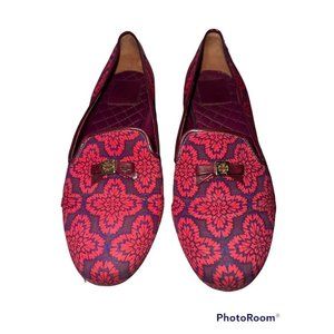 TORY Burch Mules Slip On Loafers Canvas Pink Purple Leather Trim Bow 7.5
